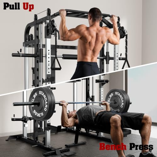 Smith Machine, Multifunctional Power Cage Rack with Smith Bar and Cable Pulley System, and LAT Pull Down Machine for Home Gym… - style: Power Cage with Landmine and Dipbar
