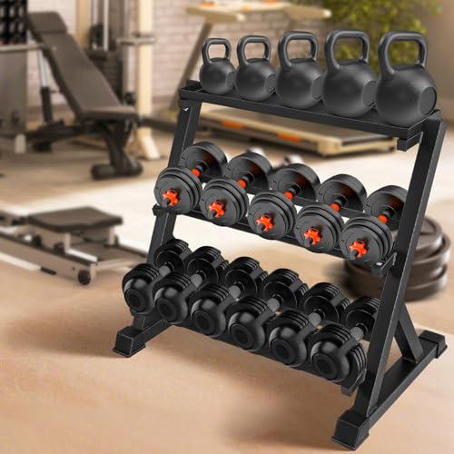 Dumbbell Rack 3-Tier Adjustable Weight Stand, 1000LBS Capacity Weight Rack for Kettlebells, Dumbbells and Home Gym Equipment, Heavy-duty Commercial Steel, Black