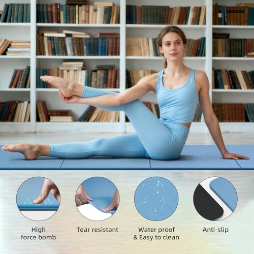 Foldable TPE Yoga Mat Thick 10mm,75" x40"Extra Large Exercise Mats | Stretch Mat Non-slip Fitness Folding Mat Easy to Carry,Wide Gym Mats for Women Men Suitable for Home Workout Travel Pilates - color: Blue