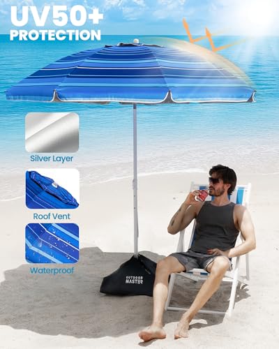 OutdoorMaster 7.2ft Beach Umbrellas for Sand with Sandbag & Anchor | 7.2ft Adjustable Umbrella for Beach, Wind Resistant, Portable UPF50+ Sunshade with Carry Bag for Patio - color: Dark Blue Striped
