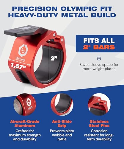 Lock-Jaw Metal Barbell Collars - Barbell Clamps - 1 Pair – Heavy Duty Bar Clamps for 2” & 50mm Olympic Bars – Secure Weight Bar Clamps for Strength Training & Home Gym Accessories - color: Red