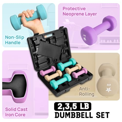 Yes4All Neoprene Coated Dumbbell Hand Weight Sets - Multiple Weight Options with Rack, Anti-roll, Anti-Slip, Hexagon Shape - style: E. SET WITH CASE 2-3-5lb pair
