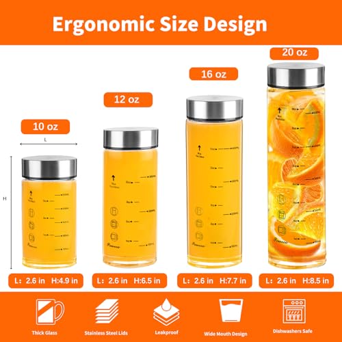 Glass Juice Bottles 4 Pack 10 oz - Wide Mouth Glass Water Bottles with Lids - for Juicing, Protein, Smoothie, Milk, Reusable, BPA Free, Stainless Steel Lids, Blender, Shaker Bottle [300ml] - color: 4-Pack (oz), size: 10oz/300ml