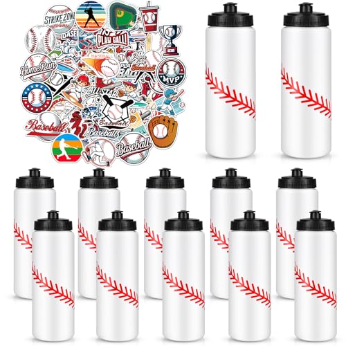 Baseball Party Favors, 12 Pack Water Bottles, 300 Stickers | 12 Baseball-Pattern Bottles, 300 Themed Stickers, BPA-Free 20 oz Design, Leak-Proof Lids, Ideal for Teams and Parties - style: 1# 12 Pack-Baseball