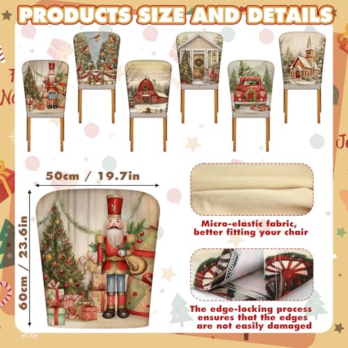 Moukeren 6 Pcs Christmas Chair Cover Set Stretch Dining Chair Back Covers Christmas Nutcracker Red Truck Slipcovers Farmhouse Removable Elastic Seat Protector for Xmas Party Dining Home Kitchen Decor - style: Traditional