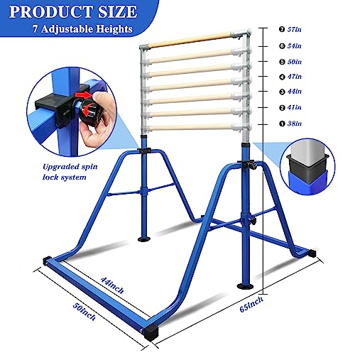 Foldable & Moveable Gymnastics Horizontal Bar with Rings,3’to 5’Adjustable Height Expandable Junior Kip Bar for Home,Indoor Gym Equipment for Kids - style: Foldable DarkBlue with Rings