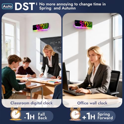 16.5" Large Digital Wall Clock: 11 Screen Colors and 13 U-Shaped RGB Backlight Modes with Sync Screen, Auto DST, Temp & Humidity, Dual Alarm & Timer – Digital Clock for Classroom, Gym, Gaming Room