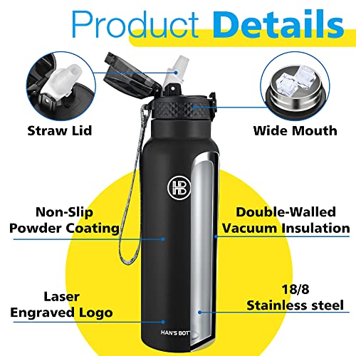 Han's Bottle Sports Water Bottle - 24 Oz, Straw Lid, Leak Proof, Vacuum Insulated Stainless Steel, Double Walled, Thermo Mug,Black - color: Balck, size: 24 Ounces