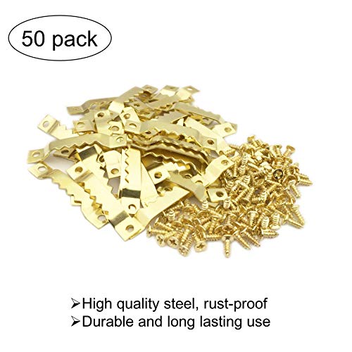 50 Pack Small Sawtooth Picture Hangers Steel Picture Hangers Picture Frames Hangers with Screws Picture Hang Solutions, for Hanging Clock Paintings Artwork Picture Frame Hook Photos(Gold) - color: Small Gold -50 Pack