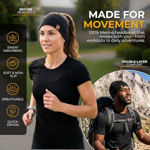 menique 100% Merino Wool Headband for Women Non Slip Stretchy Workout Sweatband Moisture Wicking Breathable Wide Hairband for Running Hiking Sport Gym Yoga Nurse Fashion (Black, One Size) - color: Black