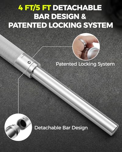 DASKING 4ft/4.9ft Barbell, 1-Inch Standard Detachable Bar, Portable Strength Training Bar for Weightlifting, Squat, Bench Press, Home Gym, 450LBS, Includes Silent Collars