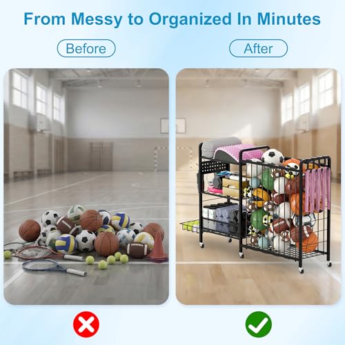 Sports Equipment Garage Organizer,Garage Ball Storage Rack for Sports with Wheels-Upgraded 3 Layers Organizer Rack Outdoor Basketball Racks for Balls with Holder and Hooks (Deep Black) - color: Deep Black