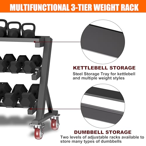 Heavy Duty 3 Tier Dumbbell Rack Stand, 1200LBS Commercial Weight Storage Organizer for Home Gym (Select Frame Type: Kettlebell Flat Tray, All Rails, or Rolling Wheels), Stand Only - color: 3-Tier (Tray & Wheels)- Black
