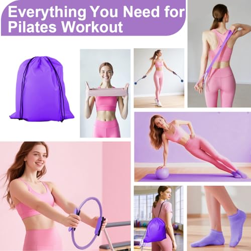 Home Pilates Kit for Women, Workout Set with 12.9" Ring, 9.8" Mini Ball, 4 Fabric Bands, Figure-8 Band, Stretch Band, D-Ring Strap, Cordless Jump Rope, Socks, Carry Bag - color: purple