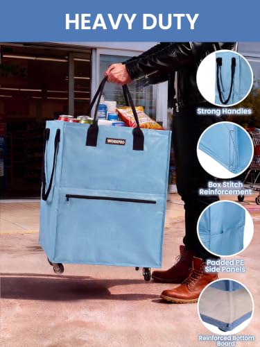 WORKPRO Medium Rolling Grocery Bag, 18-Gallon Tote with 4 Wheels, 75 lbs Capacity, Dual Carry, Wide Zipper & Extra Storage for Shopping, Laundry & Moving - color: Dusty Blue, size: Medium