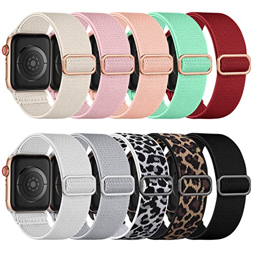 Maledan 10 Pack Elastic Nylon Bands Compatible with Apple Watch Band 42mm 44mm 45mm 46mm 49mm Women Men, Soft Stretchy Braided Solo Loop Accessories for iWatch Ultra Series SE/11/10/9/8/7/6/5/4/3/2/1 - color: Black/White/Light Gray/Red/Mint Green/Orange/P