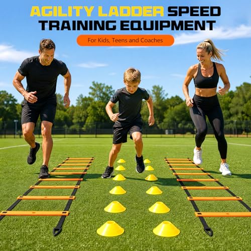 2 Pack 20ft Agility Ladder Set, 40ft Total Adjustable Speed Ladder with 12 Cones, 8 Stakes, 1 Carry Bag - Parallel Footwork Drills Gear for Football Soccer Basketball Training Equipment - color: Orange