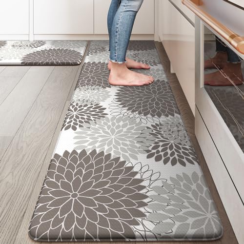 Anti Fatigue Kitchen Mats,Non Slip Boho Dahlia Kitchen Rugs Sets 2 Piece, Waterproof Farmhouse Kitchen Mat for Floor,Cushioned Standing Mat for Office,Laundry,Sink,Desk,Grey - color: Grey, size: 17.3" x 59 "+ 17.3" x 29 "--0.47 inches