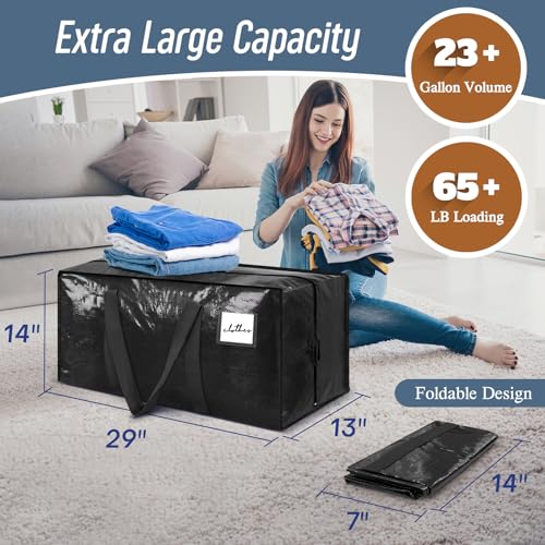 6 Pack Extra Heavy Duty Large Moving Bags with Strong Zipper & Comfortable Handles, Sturdy & Durable Clothes Storage Bags Totes Bins, Packing Moving Boxes for College Supplies, Black - color: Black, size: 6 Pack