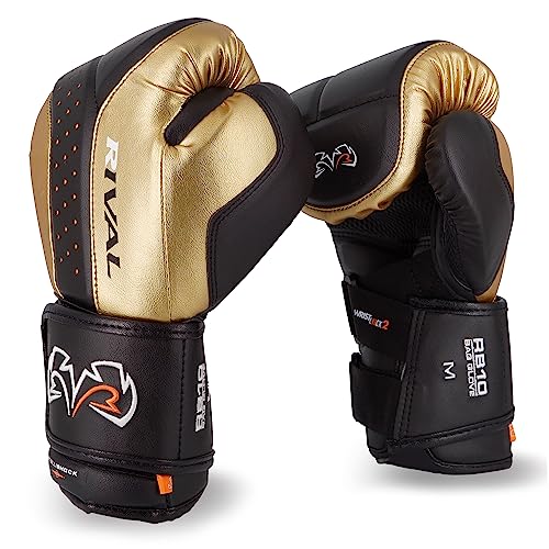RIVAL Boxing RB10 Intelli-Shock Bag Gloves, Hook and Loop Closure - Ergonomic Fit, 1.25” of Closed Cell Foam for Intense Bag Use - color: Black/Gold, size: Medium