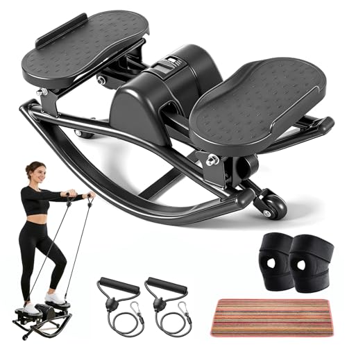 Rock Fitness Stepper, Portable Rock Stepper Side to Side with Digital Display & Resistance Bands, Low Impact Stair Stepper for Exercise at Home,Aerobic Workout Machine,330LBS Loading Capacity - color: Black