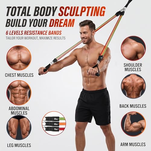 WHATAFIT Resistance Bands, Exercise Bands with Handles, Workout Bands for Working Out, Fitness Bands Set for Home Gym Full Body Strength Training, Muscle Tone, Yoga & Stretching - color: 300LB-Orange-red