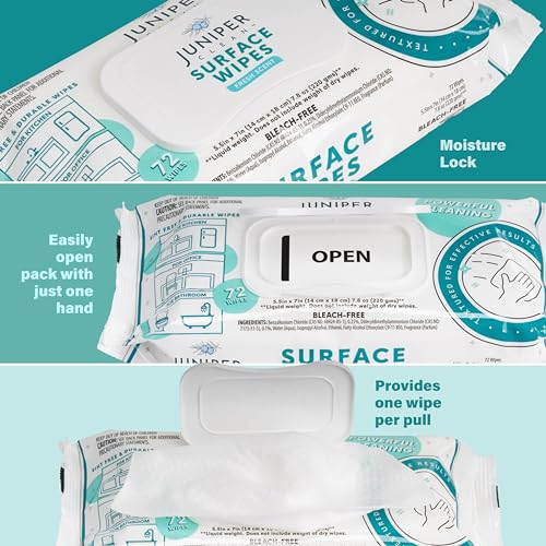 Juniper CLEAN 3 Pack Surface Cleaning Wipes Bleach Free, All-Purpose Cleaner for Bathroom, Kitchen, Office, 72 Count Soft Flow, Fresh Scent, Lint Free & Durable - size: 72 Count (Pack of 3)
