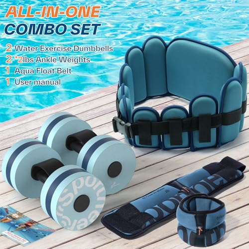 Sportneer Aquatic Exercise Equipment Water Aerobics Combo Set Includes High Density Water Weights Dumbbell Aqua Belt Water Ankle Weights for Pool Exercise Aquatic Therapy Pool Fitness Water Exercise - color: Aqua Blue, style: Aqua Fitness Set with 2lb Ank