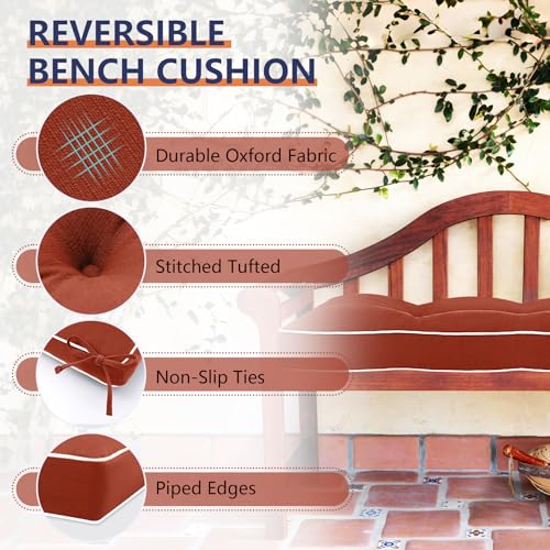 Favoyard Indoor/Outdoor Waterproof Bench Cushion, Red 42 x 16 inch | 3-Year Fade-Resistant Tufted Pad for Patio Garden Porch Swing Window Kitchen, Non-Slip Ties, High-Density Support, Piped Edge - color: Red, size: 42 x 16 In