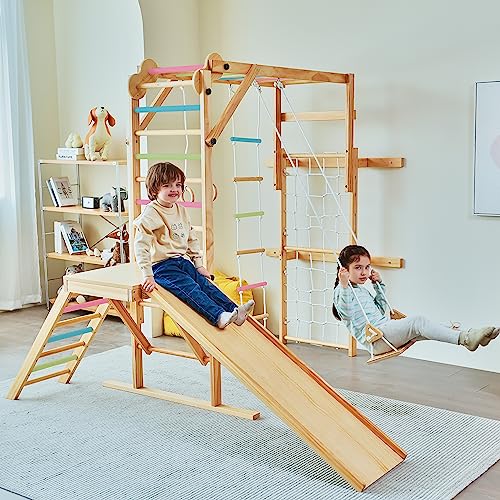 Avenlur Grove 8-in-1 Indoor Jungle Gym with Gymnastic Rings, Climbing Rope, Swing, Slide, Monkey Bars, Rope Wall Net, and Wooden and Rope Ladder - Jungle Play Set for Kids Ages 2-11 Years Old - color: Colored Bars