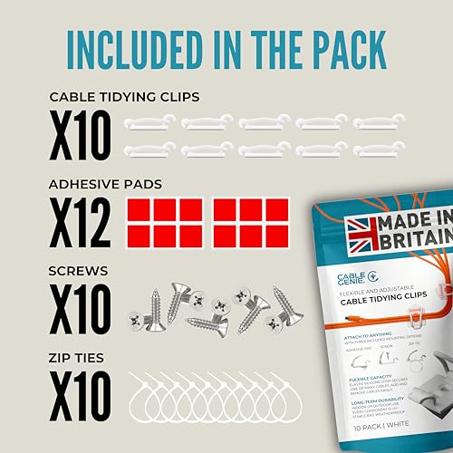 [Made in the UK] 10-Pack Adjustable Elastic Adhesive Cable Clips, Wire Management Holder, Cord Organizer for Home Office, Under Desk, Behind TV, Phone Charger, Laptop, PC, HDMI, USB (White)