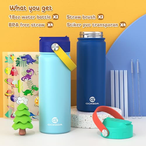 GoKEDA 18oz Kids Water Bottle, 2 Pack Insulated Bottles with Stickers, 18/8 Stainless Steel Vacuum Leak Proof Straw Cup for School, Gifts for Boys Girls(LightBlue+DarkGreenBlue) - color: LightBlue Yellow+DarkGreen Blue