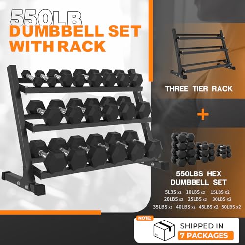 Mikolo Dumbbell Sets with Rack, Rubber Hex Dumbbells, Multiple Choices in 160/200/380/450/550LB, Hand Weights with Chrome Handle for Strength Training - style: 550LB SET