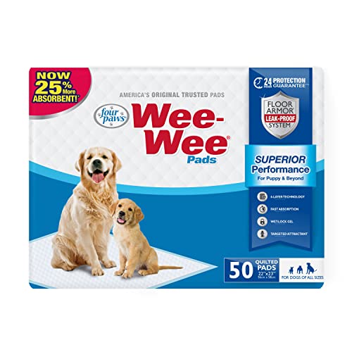 Four Paws Wee-Wee Superior Performance Unscented Pee Pads for Dogs & Puppies, Quilted Leak-Proof Dog Housebreaking Potty Training Floor Protection, 22" x 23", 50 Count - size: 50 Count