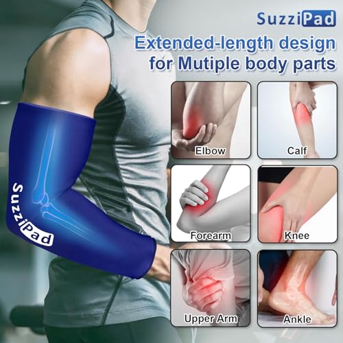 Suzzipad Extended-Length Elbow Ice Pack for Pitchers, Flexible Arm ice Pack Sleeve, 360° Reusable Gel Wrap for Upper Arm, Wrist, Shin Splint, Tendonitis and Golfers Relief, Blue, Medium - style: Medium