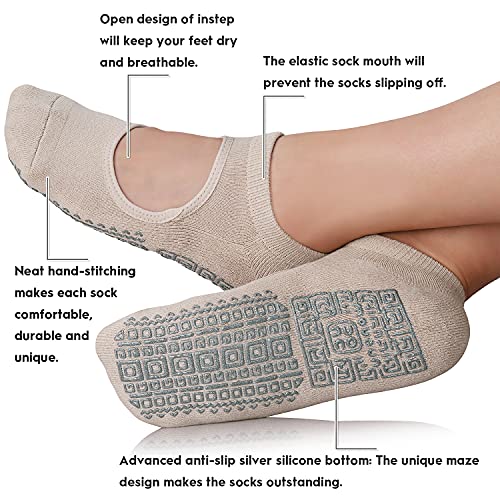 unenow Non Slip Grip Yoga Socks for Women with Cushion for Pilates, Barre, Home - color: 3 Pairs-pink/Light Blue/Beige