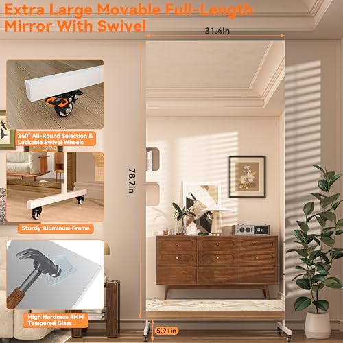 Hasipu 79" x 32" Full Length Floor Mirror on Wheels, White | Tempered glass, sturdy metal frame, smooth rolling casters, removable stand, ideal for gym, bedroom, dance studio & yoga. - color: White, size: 78.7"L x 31.4"W
