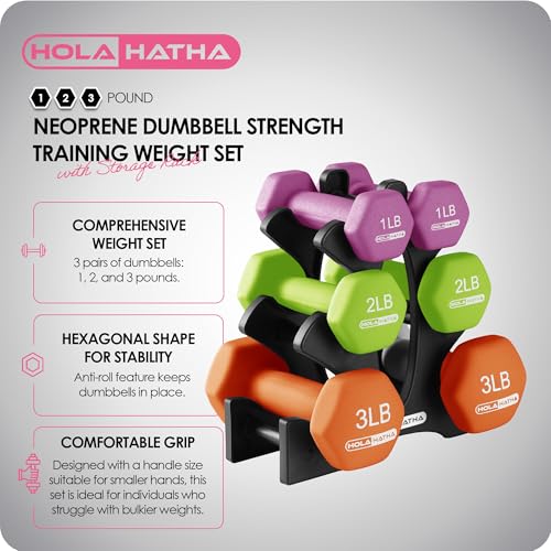 HolaHatha 1, 2 and 3 lb Neoprene Dumbbell Strength Training Weight Set with Rack - color: Multicolor, size: 12 LB
