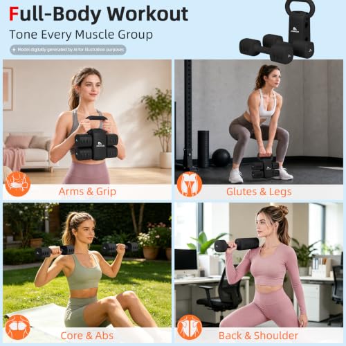 Abahub 2 in 1 Kettlebell & Dumbbell Set for Home Gym, Adjustable Weights Dumbbell Set with Kettlebell Grip Converter, Full Body Workout Kettlebell Set of 2 for Men Women - color: Black