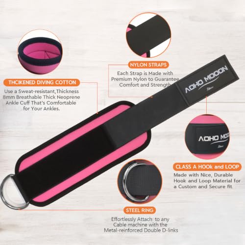 AOHO MOOON Ankle Strap (2 Pieces) for Cable Machine Women - Gym Workout Leg Strap, Premium Padding Ankle Cuffs, Glute Kickback Exercises Equipment, Pulley Attachment, One Size Fit All - color: Pink