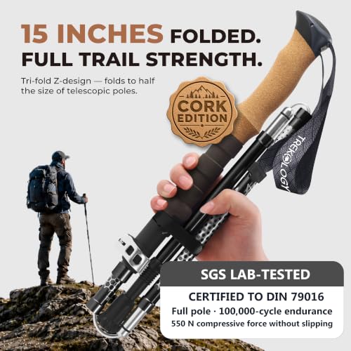 Trekology Trek-Z Collapsible Hiking & Trekking Poles - Balance Support for Seniors, Women, and Men, 2pc Per Set - color: Cork Black, size: 115–135 cm (for Height: 5’5” to 6’5”)