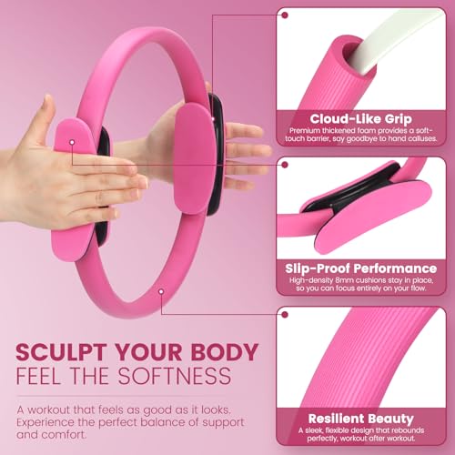 Pilates Kit for Women 13PCS, Pilates Ring Ball Resistance Bands Workout Set | Pilates equipment set for women and beginners, at home pilates kit for mat workouts, toning, stretching and strength training - color: Pink