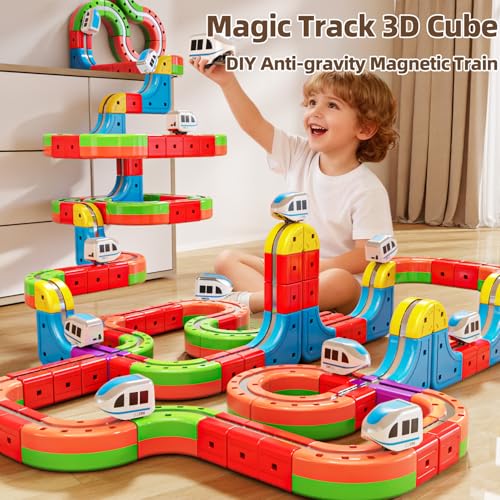 Electric Train Set, 3D Infinity Racer Train Tracks, DIY Toy Car Track, Modular Building Blocks Freely Assembled, STEM Learning Toy Fun Gifts for Kids Toddlers Boys & Girls (68pcs)