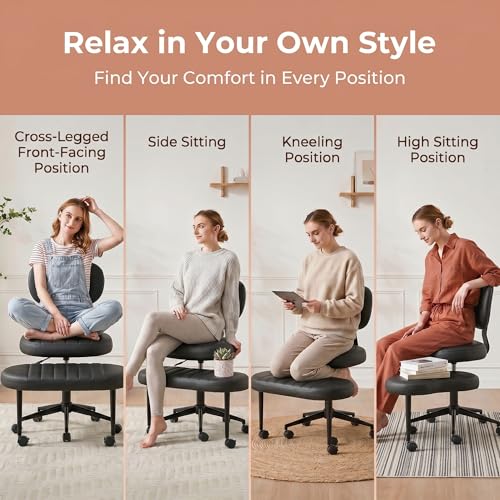 Cross Legged Office Chair with Wheels, 360 Swivel Height-Adjustable Meditation Chair with Lumbar Support, PU Leather, Black - color: Black, size: Oval Back