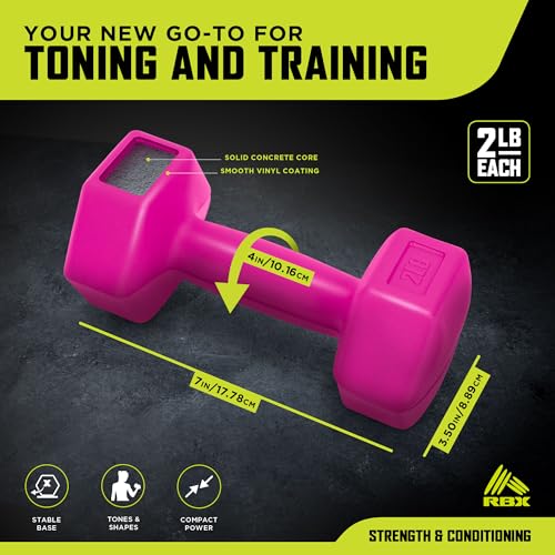 RBX Vinyl Coated Hand Weight Dumbbell Set - Hex Shaped, Roll Free for Body Building/Sculpting/Strength Training Exercise, (Set of 2) - color: Pink, size: 2lb