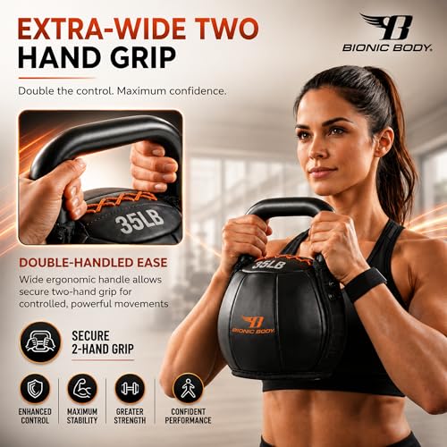 Bionic Body by Kim Lyons Soft Kettlebell with Handle | Soft Weight for Strength Training, Conditioning, Core & Full Body Workouts | Ergonomic Grip | Home Gym, Cross Training, HIIT & Functional Fitness Equipment - style: Orange - 35 LB