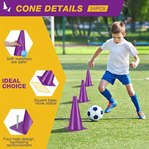 12 Inch Sports Cones Set of 24,Durable Training Cones for Soccer,Football, Basketball Drills - Multi-Purpose Agility Cones for Indoor & Outdoor Practice - color: purple