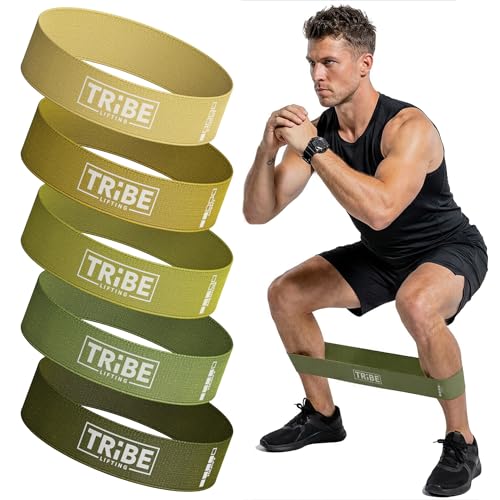 Tribe Lifting Fabric Resistance Bands for Working Out - 5 Exercise Bands Set for Legs and Glutes - Booty Bands for Women and Men - Thick Cloth Workout Bands for Physical Therapy, Hip Training - color: Green