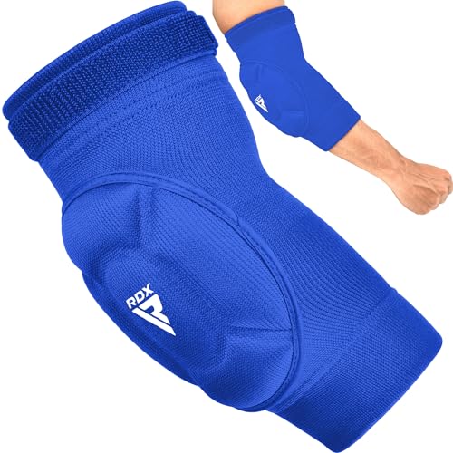 RDX Elbow Pads, Muay Thai MMA Kickboxing Sparring Elbow Guard, Martial Arts Striking Protection,Wrestling Basketball Adjustable MTB Volleyball Compression Padded Sleeve, Men Women - color: Blue White, size: Small