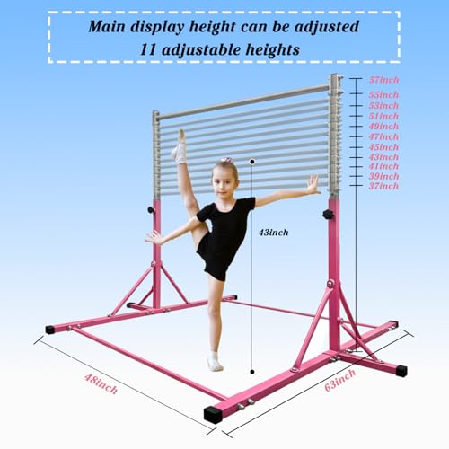 Gymnastics Bar for Kids Girls Ages 3-15 with Ring for Home Indoor Training Equipment- Steady Steel Construction, Anti-Slip, Easy to Assemble, 3' to 5' Adjustable Height - color: PINK, size: 4.8FT, style: FOLDABLE BAR WITH RING